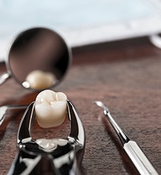 Extracted tooth on desk with dental instruments